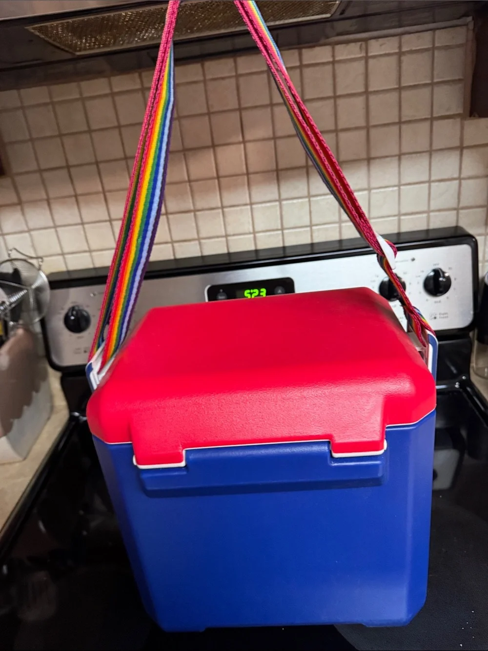 Igloo Blue Cooler with Red Lid and Rainbow Strap 11 Quart